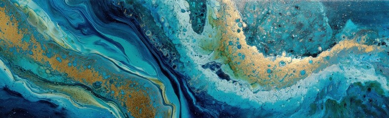 Abstract painting of swirling blues and golds