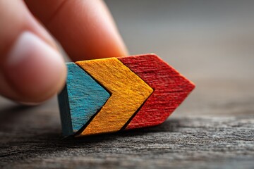 Hand holding a colorful wooden arrow puzzle on a rustic wood surface