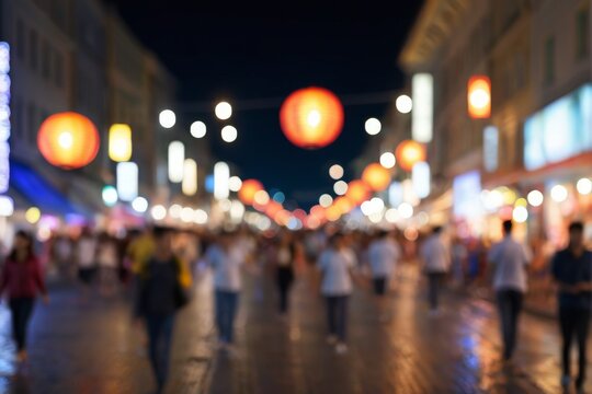 フェスティバルやナイトマーケットの活気：色鮮やかな照明と人々のボケ