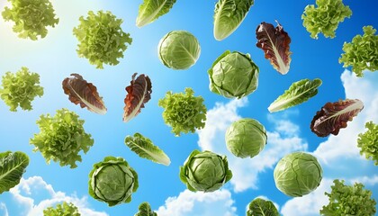 Flying and Falling Fresh Green Vegetables Pattern on Blue Sky Background