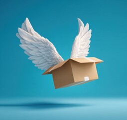 A cardboard box with white angel wings, floating in mid-air