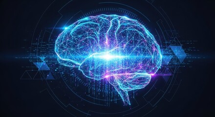 Obraz premium Futuristic Digital Brain with Neon Light Effects and Data Processing Elements in Abstract Design
