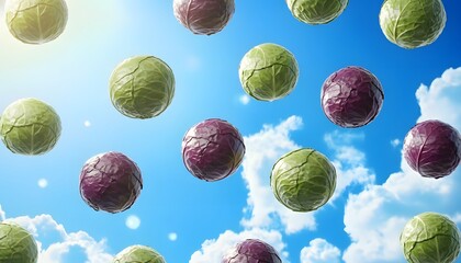 Flying Green and Purple Cabbages Pattern on Sunny Blue Sky Background