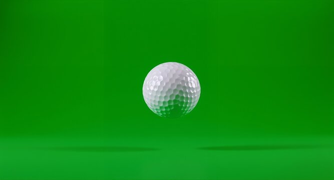 A singular white dimpled sphere in motion against a vibrant green background
