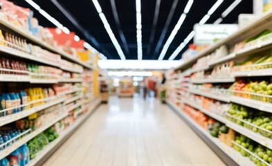Fototapeta premium ソフトフォーカス背景イメージ、スーパー,マーケット, 棚, 店, 買い物する, 小売り, 食べ物, 買物,ボケイメージ 