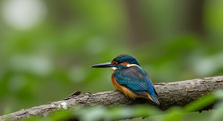 Fototapeta premium Kingfisher perched on a branch in a lush green forest setting.