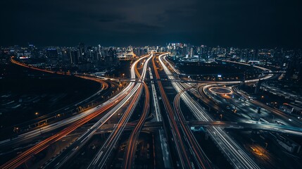 a breathtaking view of a city with illuminated highways at night. Long exposure captures the streaks of vehicle lights, symbolizing constant movement and connectivity