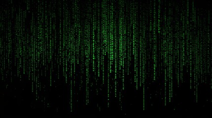 A digital display of green code cascading down, resembling a matrix. The abstract presentation creates a sense of mystery and technological complexity.