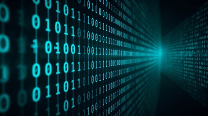 Binary code stream and data flow, a visual representation of digital information in an abstract way. The image is a complex network of binary digits, with a gradient of light and shadow
