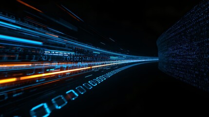 A digital data tunnel with lines of binary code streaks, symbolizing the flow of data