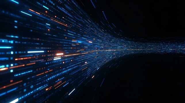digital data stream flowing into a vortex, representing a technological concept with dynamic, flowing lines and energy