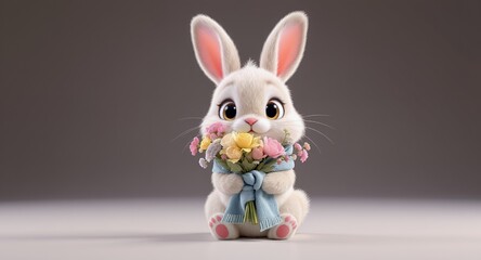 Fototapeta premium Adorable Fluffy Bunny Holding a Bouquet of Flowers