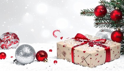 Christmas Gift Box Under Festive Tree &ndash; Holiday Decoration with Golden Present, Ornaments and Snowy Lights