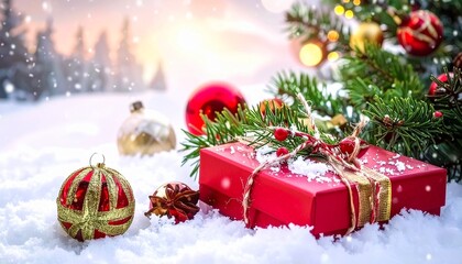 Christmas Gift Box Under Festive Tree &ndash; Holiday Decoration with Golden Present, Ornaments and Snowy Lights