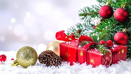 Christmas Gift Box Under Festive Tree &ndash; Holiday Decoration with Golden Present, Ornaments and Snowy Lights