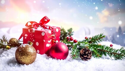 Christmas Gift Box Under Festive Tree &ndash; Holiday Decoration with Golden Present, Ornaments and Snowy Lights