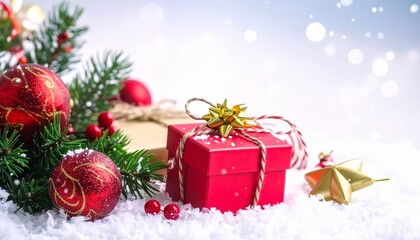 Christmas Gift Box Under Festive Tree &ndash; Holiday Decoration with Golden Present, Ornaments and Snowy Lights