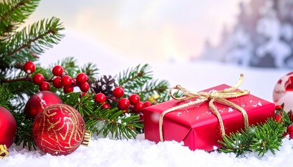 Christmas Gift Box Under Festive Tree &ndash; Holiday Decoration with Golden Present, Ornaments and Snowy Lights