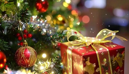 Christmas Gift Box Under Festive Tree &ndash; Holiday Decoration with Golden Present, Ornaments and Snowy Lights