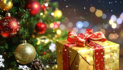 Christmas Gift Box Under Festive Tree &ndash; Holiday Decoration with Golden Present, Ornaments and Snowy Lights