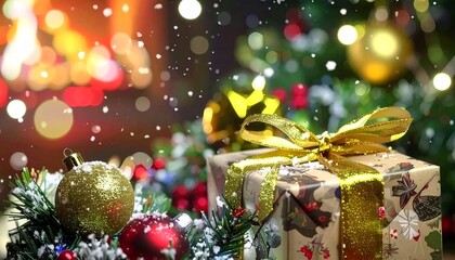 Christmas Gift Box Under Festive Tree &ndash; Holiday Decoration with Golden Present, Ornaments and Snowy Lights
