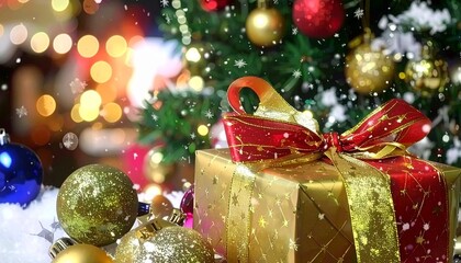 Christmas Gift Box Under Festive Tree &ndash; Holiday Decoration with Golden Present, Ornaments and Snowy Lights