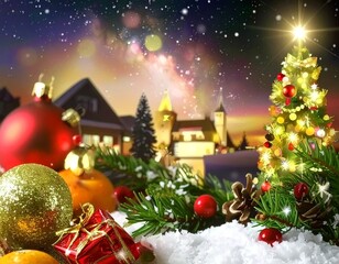 Christmas Gift Box Under Festive Tree &ndash; Holiday Decoration with Golden Present, Ornaments and Snowy Lights