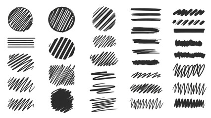 A diverse collection of hand-drawn scribble shapes, hatching textures, and messy doodle lines for design