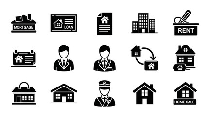 Real Estate Icons Mortgage, Loan, Rent, and Home Sale Symbols in Black and White