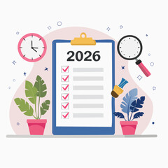 2026 Checklist Planning Concept – Flat Design Clipboard with Leaves and Checkmarks