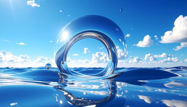 Shiny chrome torus floating in wavy water, sunny sky, and fluffy clouds - Powered by Adobe