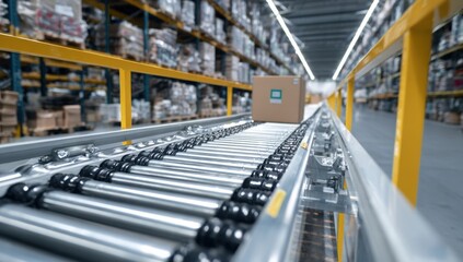 Industrial conveyor belt in warehouse