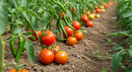 Ripe tomatoes and green chili peppers growing in an organic vegetable field