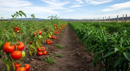Tomato and chili pepper plants growing in an agricultural field
