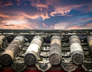 Roof tiles with cloudy sky backdrop