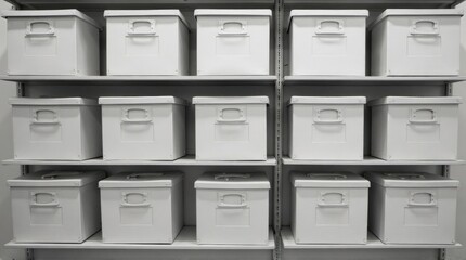 White Storage Boxes on Metal Shelves in Modern Organization Setting