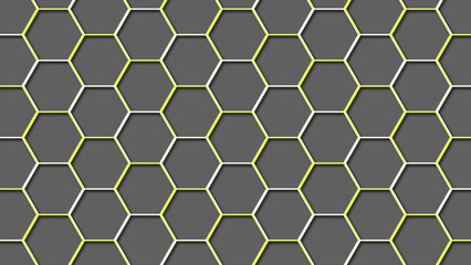 Seamless dark grey hexagonal pattern with neon yellow and white outlines. Ideal for tech, science, or abstract backgrounds.