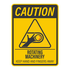 Isolated caution sign rotating machinery hazard, reminding workers to keep fingers and hands away to prevent industrial injury.