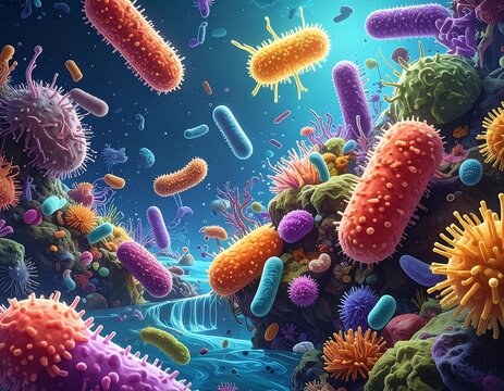 Vivid depiction of diverse and colorful microorganisms