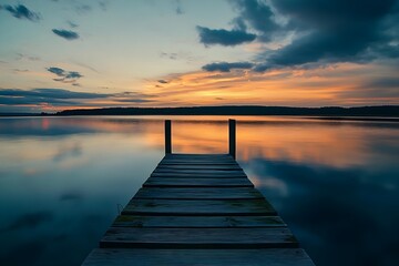 Obraz premium Serene Sunset over Calm Lake Wooden Dock water peaceful