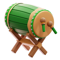 Traditional Green Bedug Drum With Wooden Stand and Drumsticks Ready for Islamic Celebration Sounds