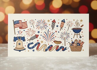 Festive Patriotic Celebration Elements Banner with Fireworks, Grill, and Ribbon