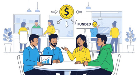 A group of diverse business people are sitting around a table discussing funding and investment, they are analyzing data