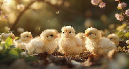 Fototapeta premium Fluffy Yellow Chicks in Spring Blossoms, Cute Newborn Baby Birds in Garden Sunlight
