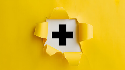 Bold plus symbol peeks through torn vibrant paper, a statement of positivity and addition