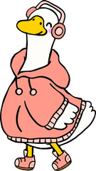 Cartoon Porch Goose Winter Wearing Hoodie and Headphones Illustration Hand Drawn