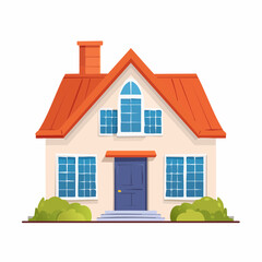 A charming illustration of a two-story house with an orange roof, blue shutters, and a welcoming blue door.