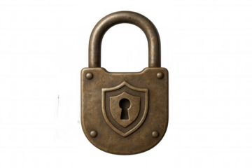 Vintage brass padlock securing data and privacy, protecting privacy, confidential information, and access control on transparent background