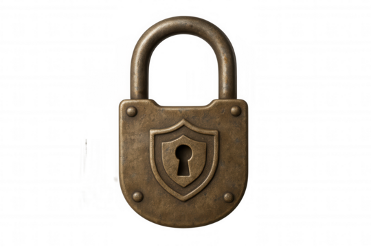 Vintage brass padlock securing data and privacy, protecting privacy, confidential information, and access control on transparent background