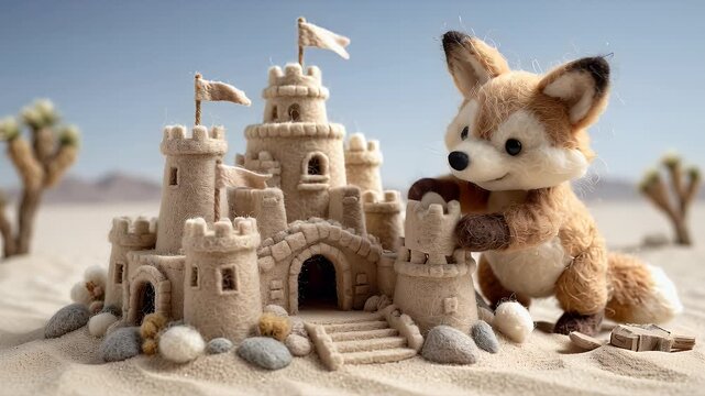 Sandcastle and stuffed animal fox on a sandy beach against a blue sky background